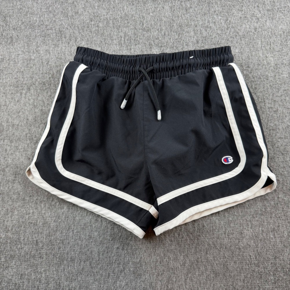 Champion Athletic Shorts Women M Black White Piping Dolphin Hem Drawstring
